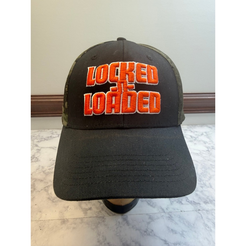 Captivating Headwear Locked and Loaded Camo Trucker Hat Mens Black Orange OSFM